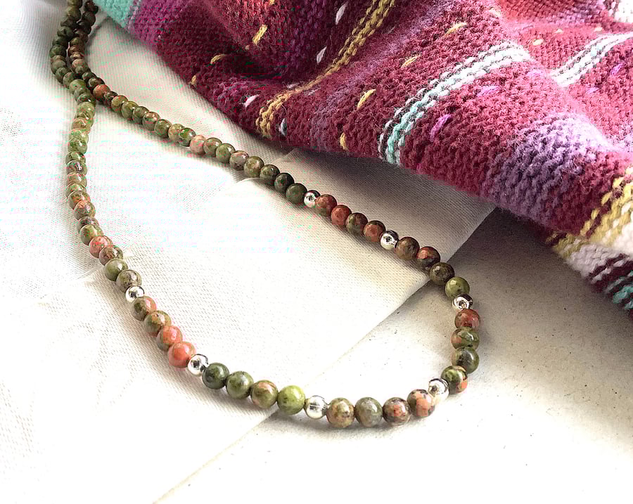 Unakite necklace with silver coated beads, pink and moss green colour