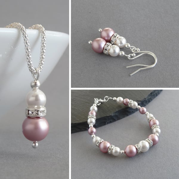 Dusky Pink Jewellery Set - Rose Pink Pearl Necklace, Bracelet and Drop Earrings