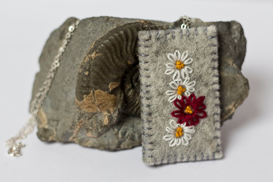 Floral Silver and Wool Felt Embroidered Pendant Necklace