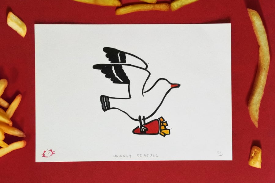 Hungry Seagull – Original Handmade Blockprint & Watercolour