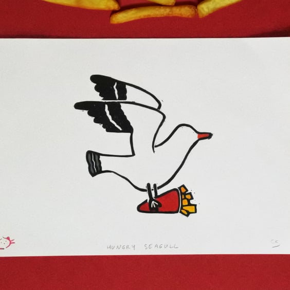 Hungry Seagull – Original Handmade Blockprint & Watercolour