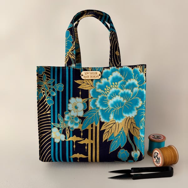 Mini Tote Bag Japanese Fabric Turquoise and Gold Flowers