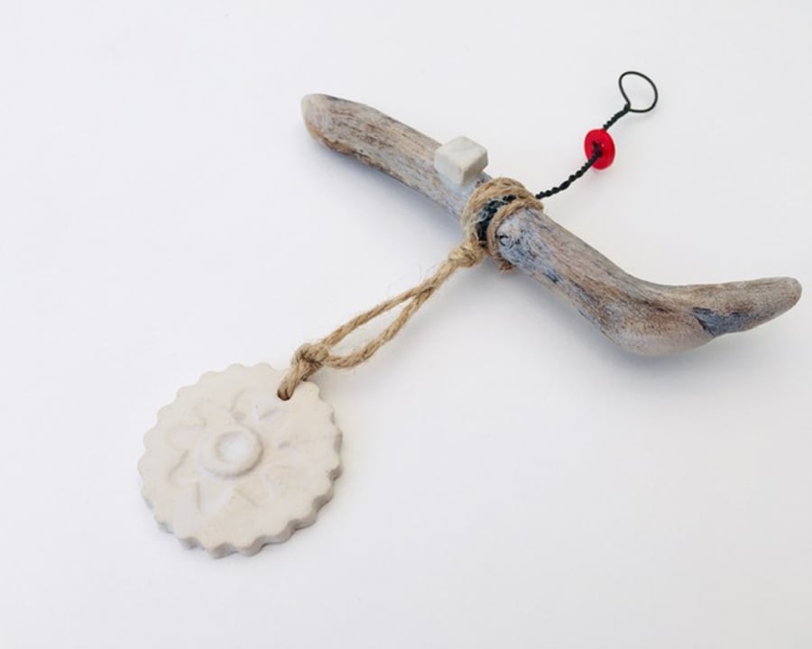 Driftwood wall hanger, clay charm, gift idea, birthday, unique pottery 