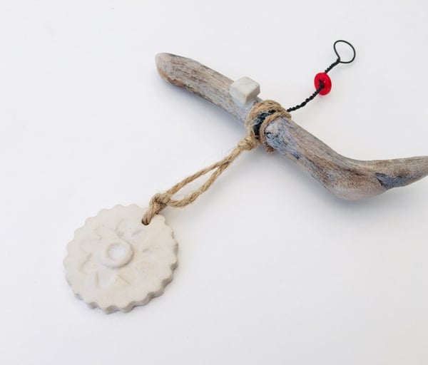 Driftwood wall hanger, clay charm, gift idea, birthday, unique pottery 