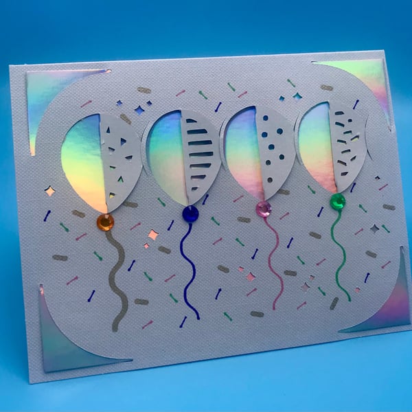 Celebration card, holographic balloon design, fold and tuck, blank inside,