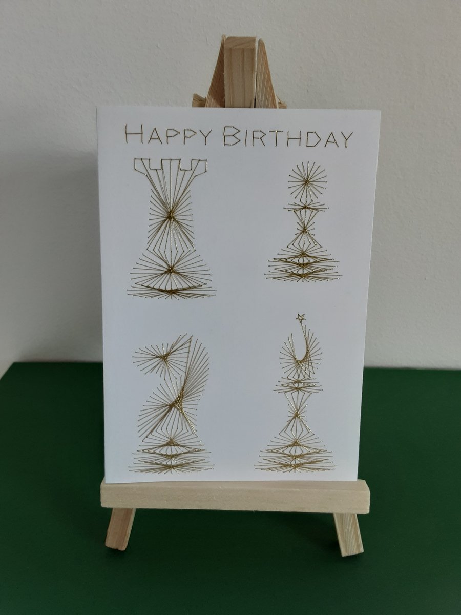 Happy Birthday Chess. Hand Embroidered Card.