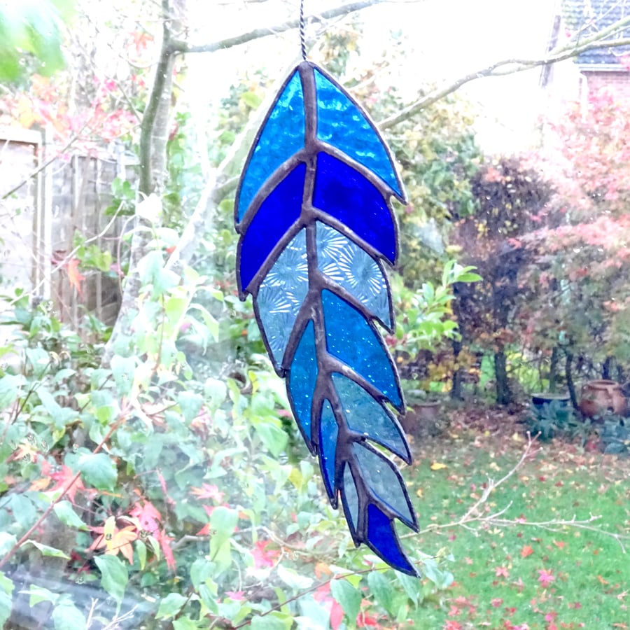 Stained Glass Feather Suncatcher - Handmade Hanging Decoration - Blue