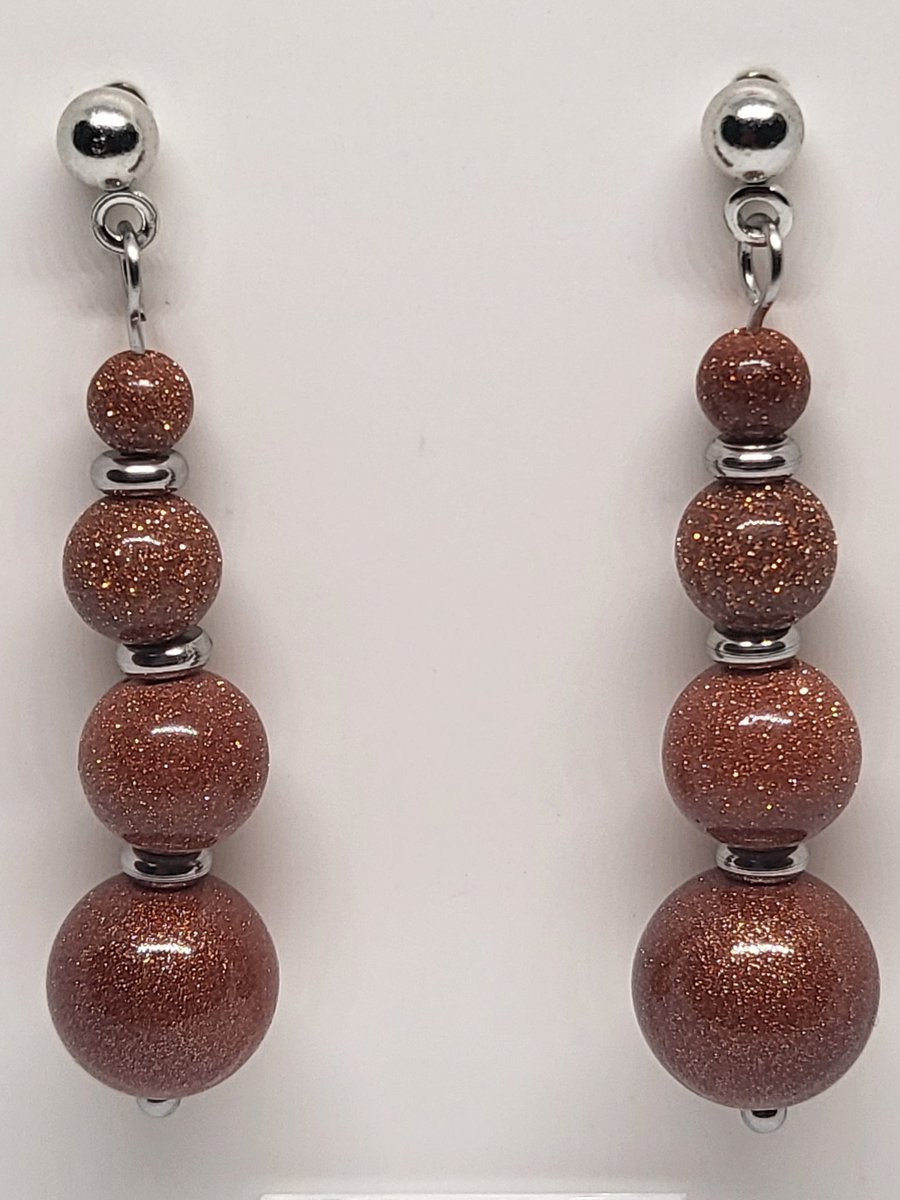 Brown Sandstone Graduated Drop Earrings – Stainless Steel Studs Handmade