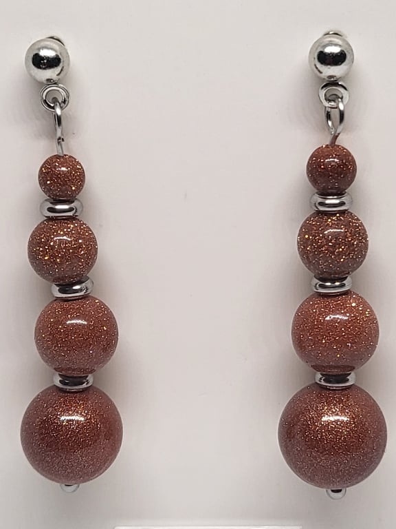 Brown Sandstone Graduated Drop Earrings – Stainless Steel Studs Handmade