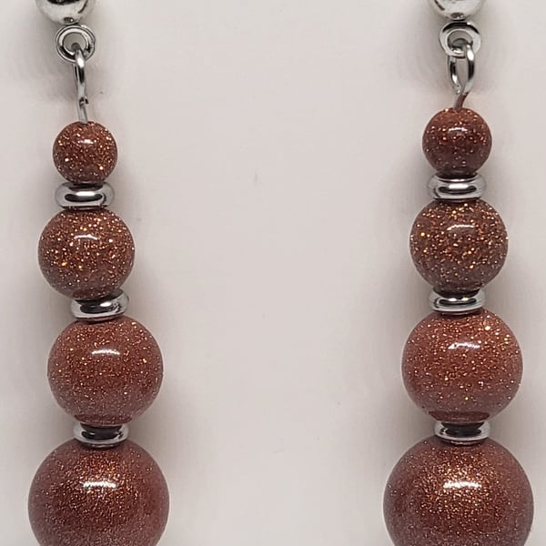 Brown Sandstone Graduated Drop Earrings – Stainless Steel Studs Handmade