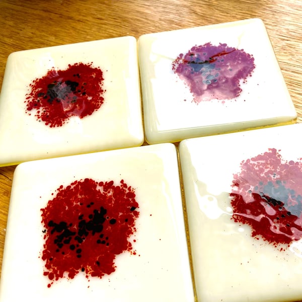 Set of 4 Fused Glass Poppy Coasters