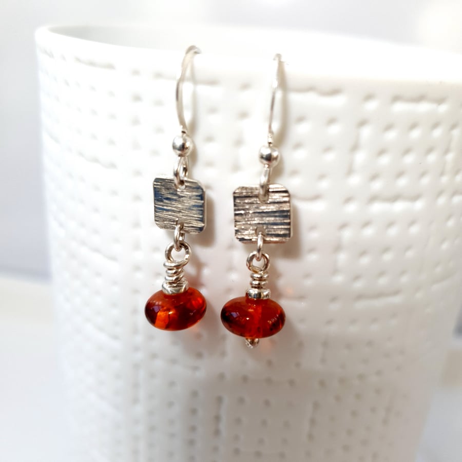 Textured Sterling Silver & Amber Small Drop Earrings 
