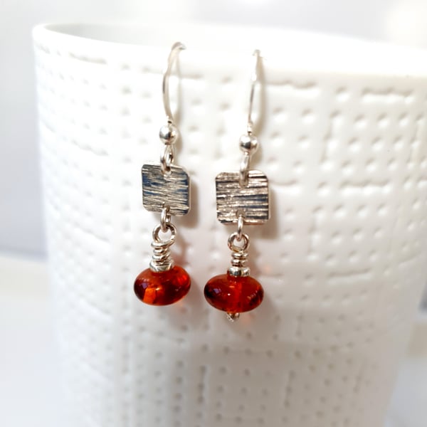 Textured Sterling Silver & Amber Small Drop Earrings 