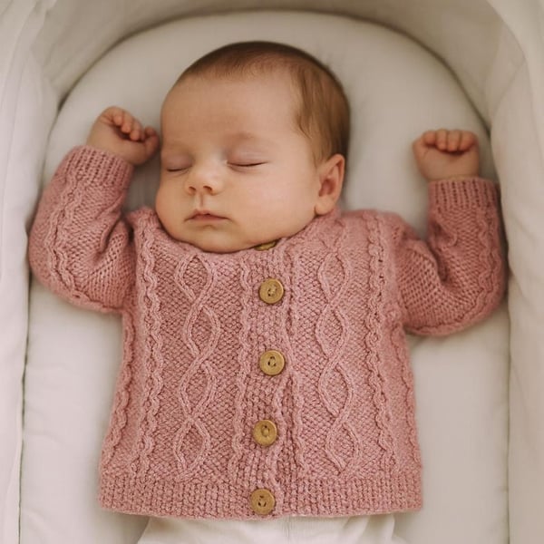 Rose Pink Hand Knitted Baby Cardigan, Cable Pattern Infant Knitwear, 0-3 Months 