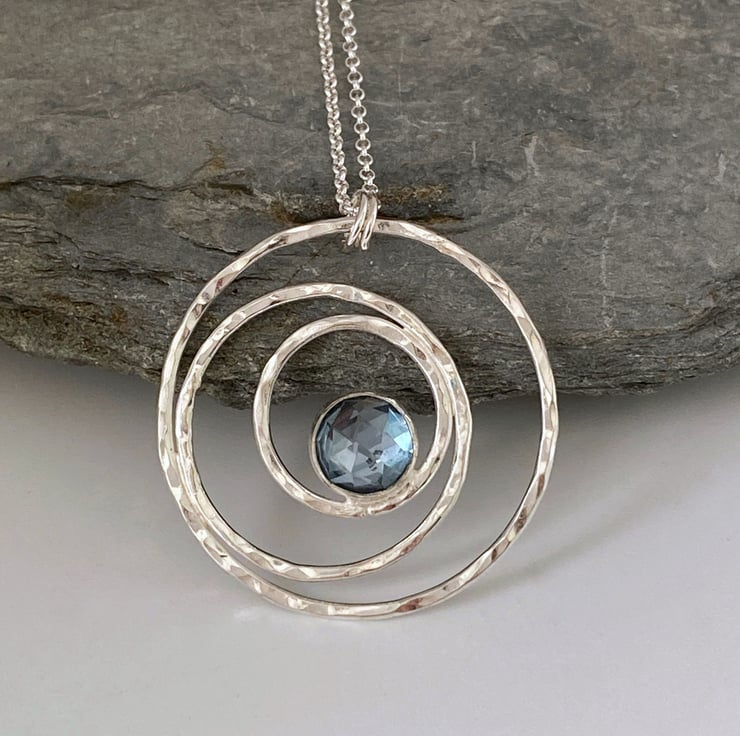 Silver circles necklace set with a blue Topaz g... - Folksy