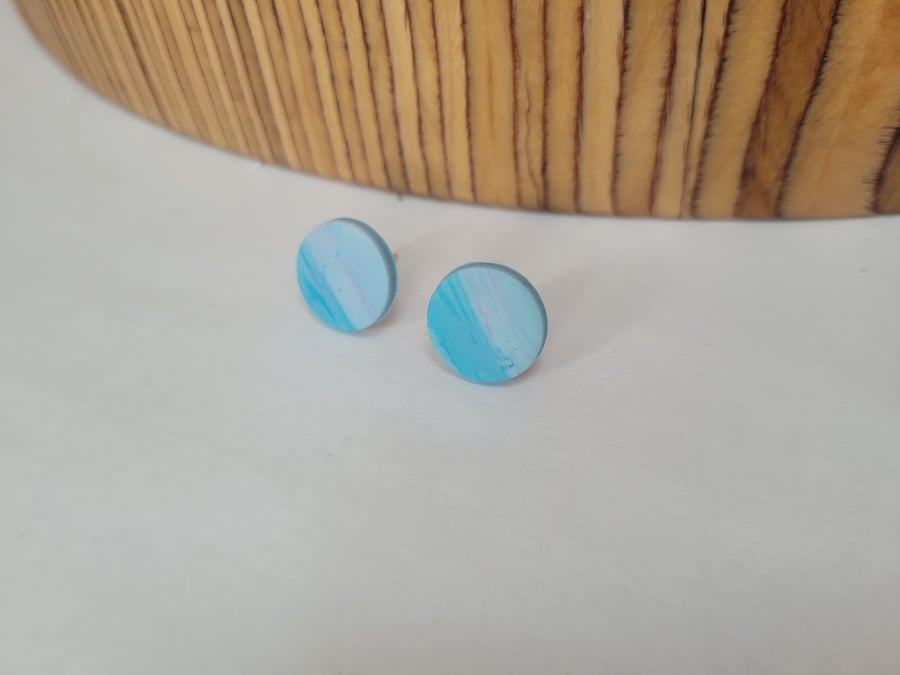 Blue Marble Circles - Polymer Clay Stud Earrings