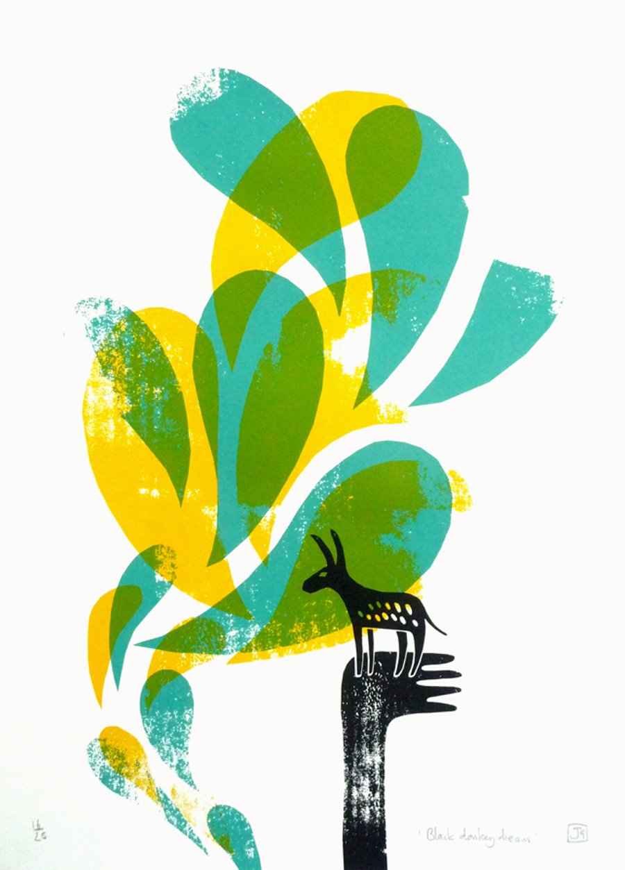 Black Donkey Dream 3-colour A3 screen print (blue, yellow, green)