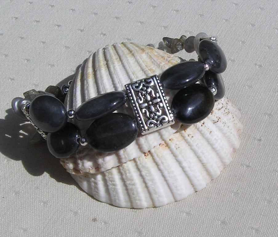 Grey Tourmaline & Labradorite Crystal Gemstone Beaded Bracelet "Grayce"