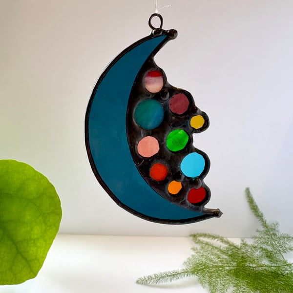 ‘Keep dreaming’ stained glass moon window hanging suncatcher, Dopamine decor