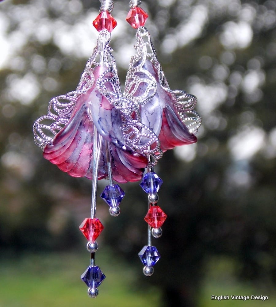 Pink and Purple Hand Painted Vintage Style Lucite Flower Dangle Earrings