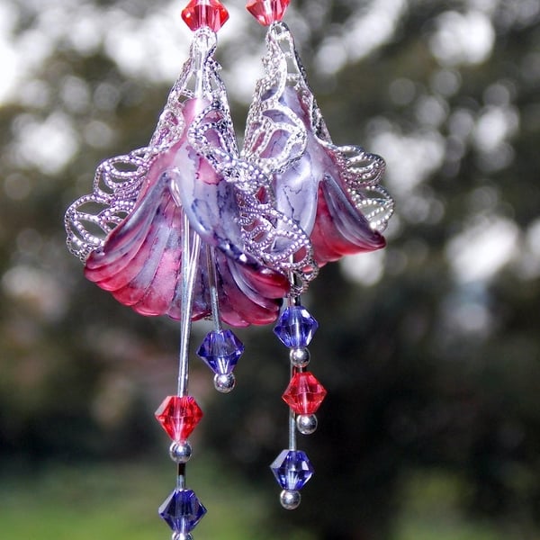 Pink and Purple Hand Painted Vintage Style Lucite Flower Dangle Earrings