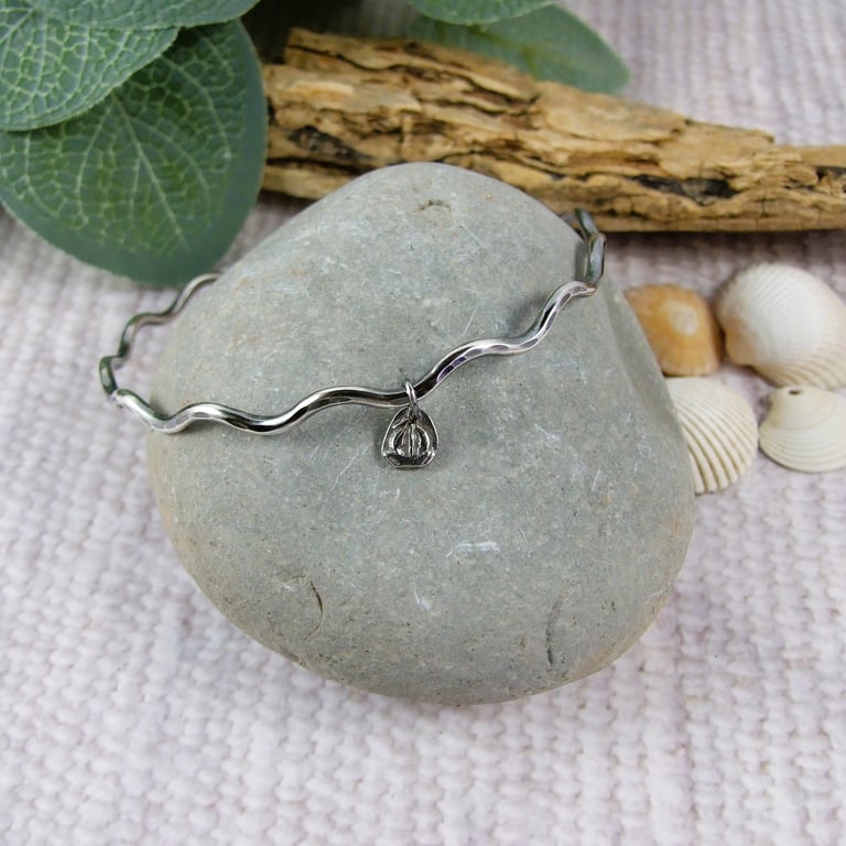 Sterling Silver Wave Bangle with Sailboat Charm