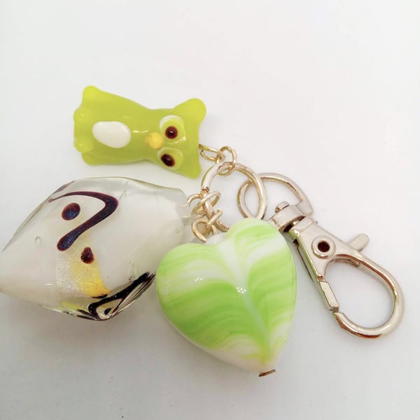 Green Glass Owl and Ceramic Heart Bead and White Lampwork Bead Bag Charm