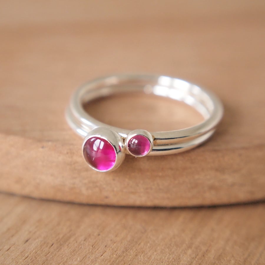 Lab Ruby and Silver Double Ring Set - Birthstone for July