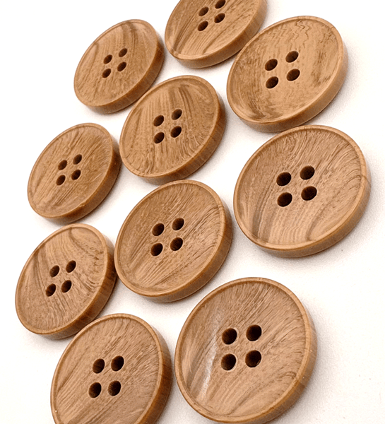 10 Light Brown Wood Effect Buttons, 15mm Wide, Woodgrain Design, Plastic!