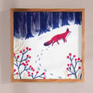 Fox in Winter Snow Art Print: Wildlife Illustration on Recycled Paper