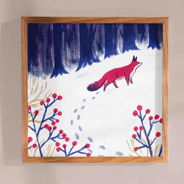 Fox in Winter Snow Art Print: Wildlife Illustration on Recycled Paper