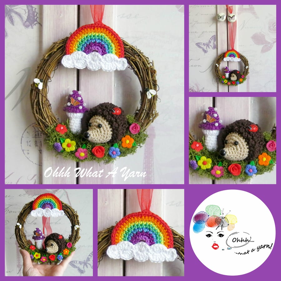 Crochet hedgehog, rainbow and floral wreath. Mixed media decorative wreath.