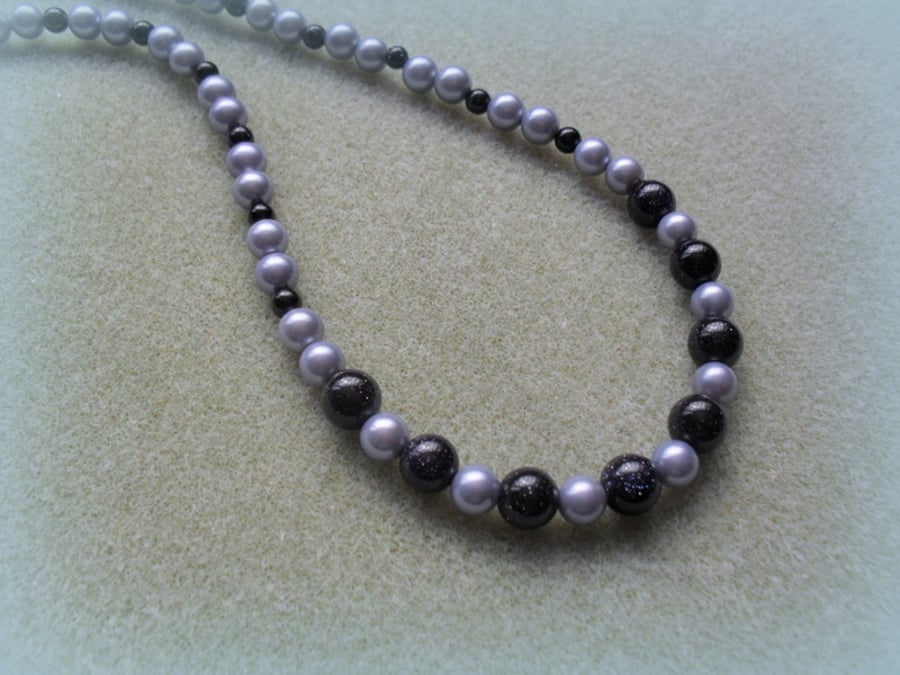 Blue Goldstone and Shell Pearl Necklace Sterling Silver