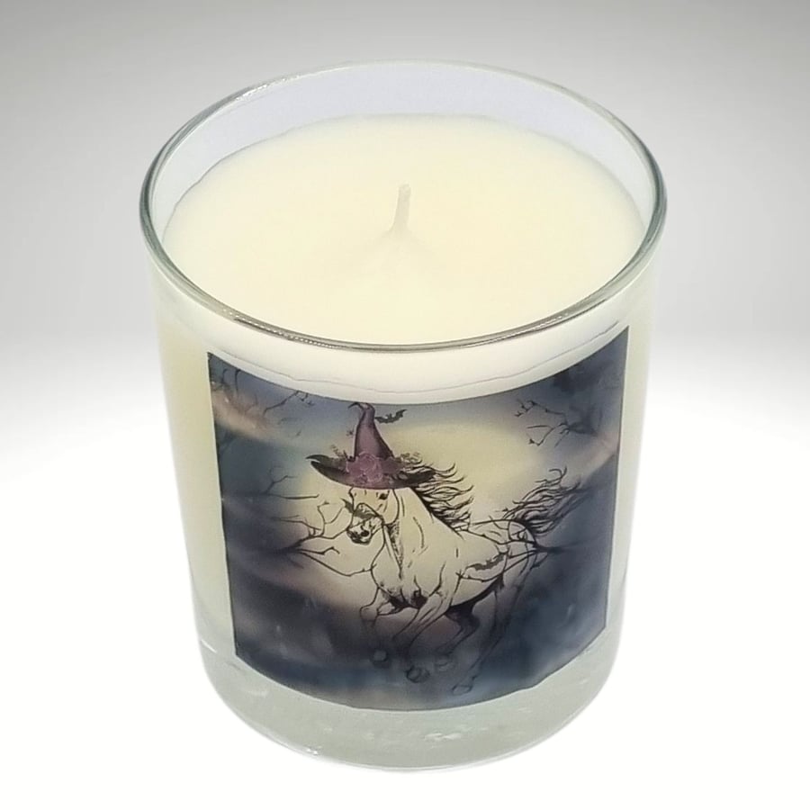 Soy Wax Scented Halloween Candle in Glass Galloping Horse Design 