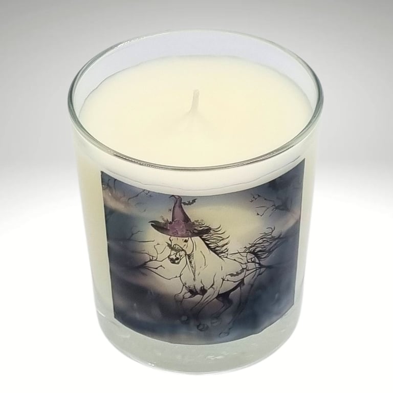 Soy Wax Scented Halloween Candle in Glass Galloping Horse Design 