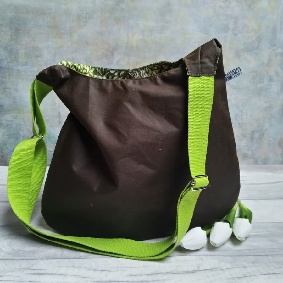 Waxed cotton adjustable strap hobo bag