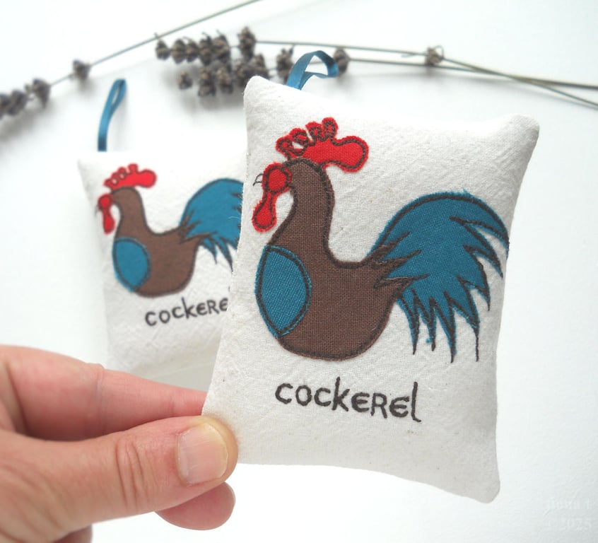 freehand embroidered cockerel lavender bag sachet hanging decoration 