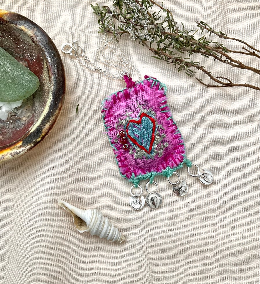 Boho Chic Bedouin Embroidered & Silver Pendant Necklace 