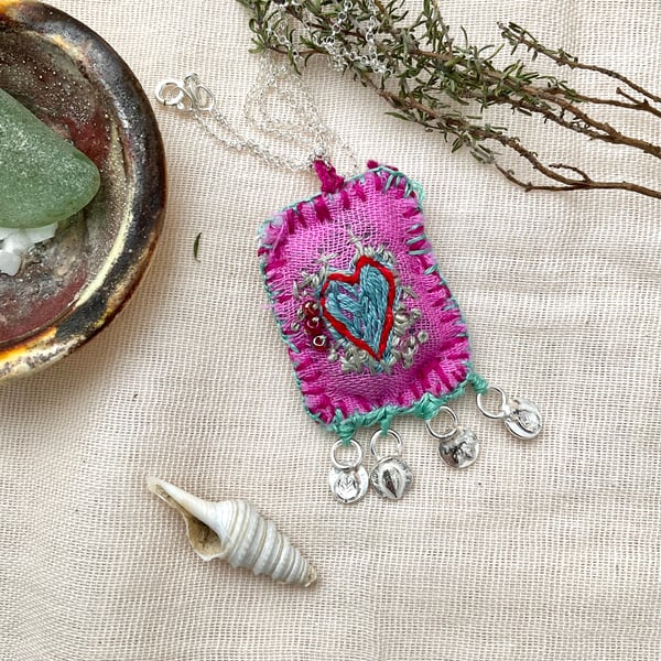 Boho Bedouin Embroidered & Silver Pendant Necklace 