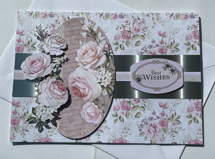 Elegant roses and script chintz Best wishes card