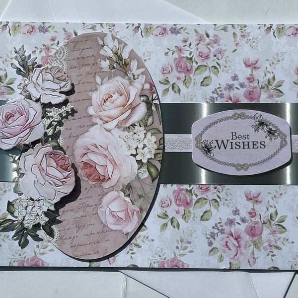 Elegant roses and script chintz Best wishes card