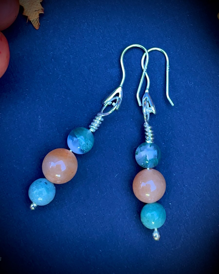 Handmade Sterling Silver and Peach & Green Aventurine Earrings 