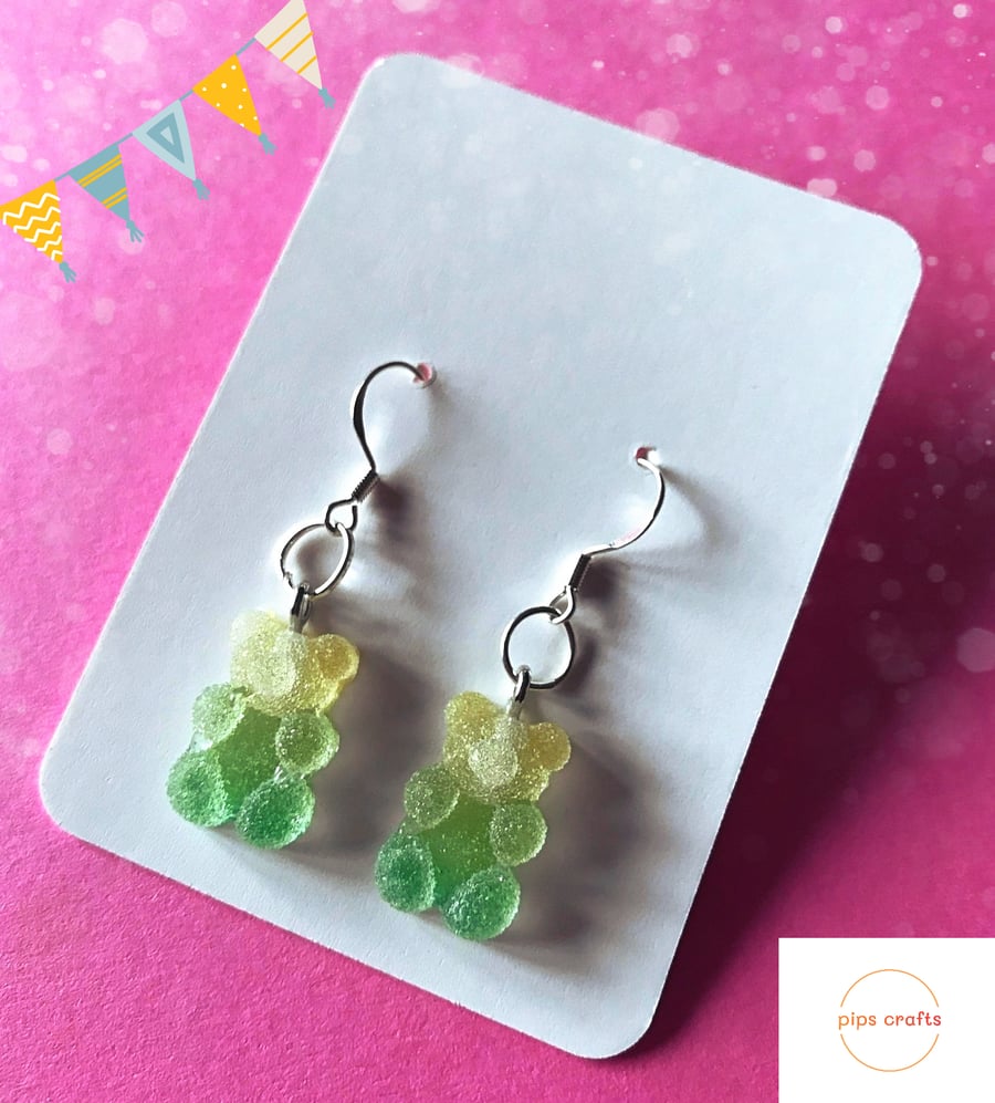 Sugar Coated Gummy Bear Sweet Earrings - Fun Food Jewellery, 925 Silver Hooks
