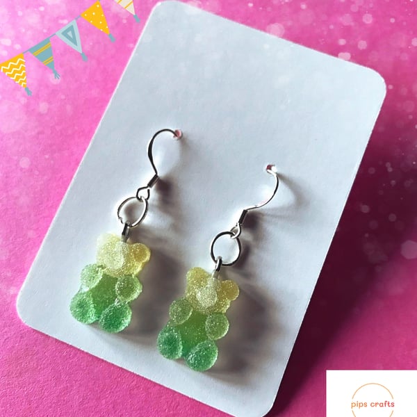 Sugar Coated Gummy Bear Sweet Earrings - Fun Food Jewellery, 925 Silver Hooks