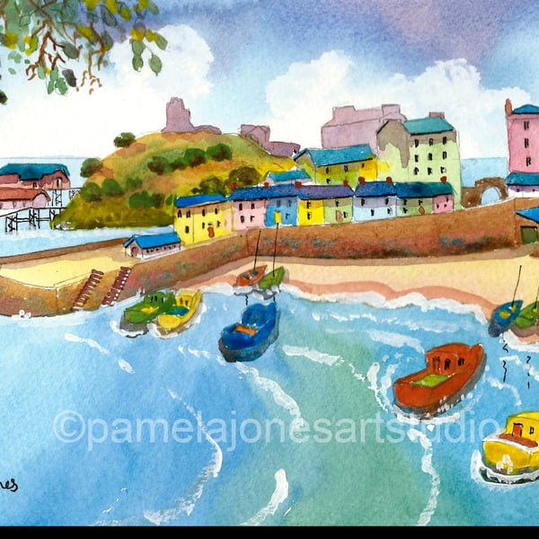 Tenby Harbour, Pembrokeshire, Wales, Watercolour Print in 20 x 16 '' mount, 