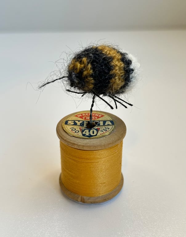 Mini Bobbinbee - Crochet Bee on a vintage wooden bobbin