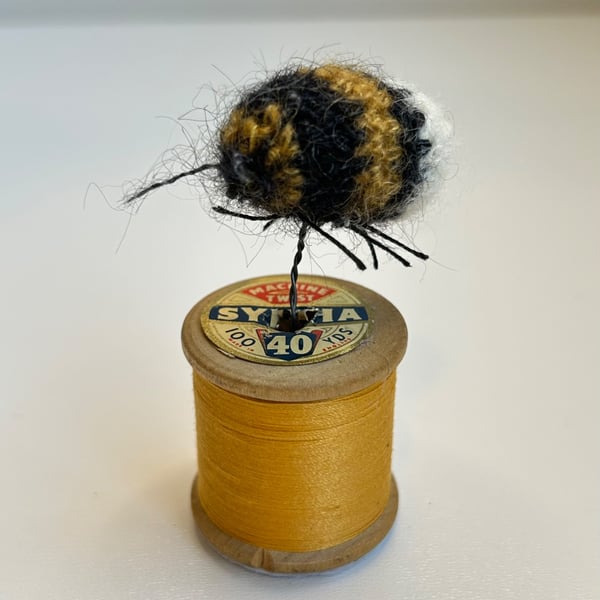 Mini Bobbinbee - Crochet Bee on a vintage wooden bobbin