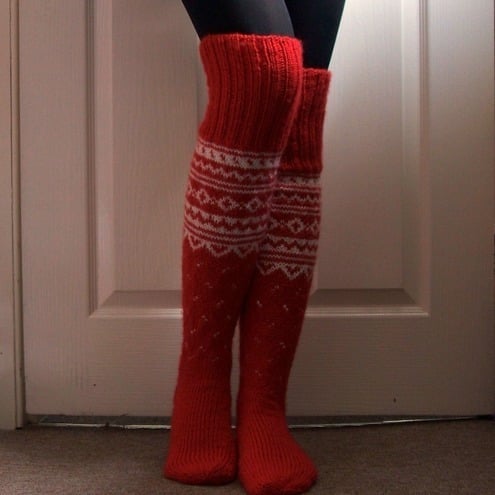 Red white handmade long wool socks scandinavian norwegian