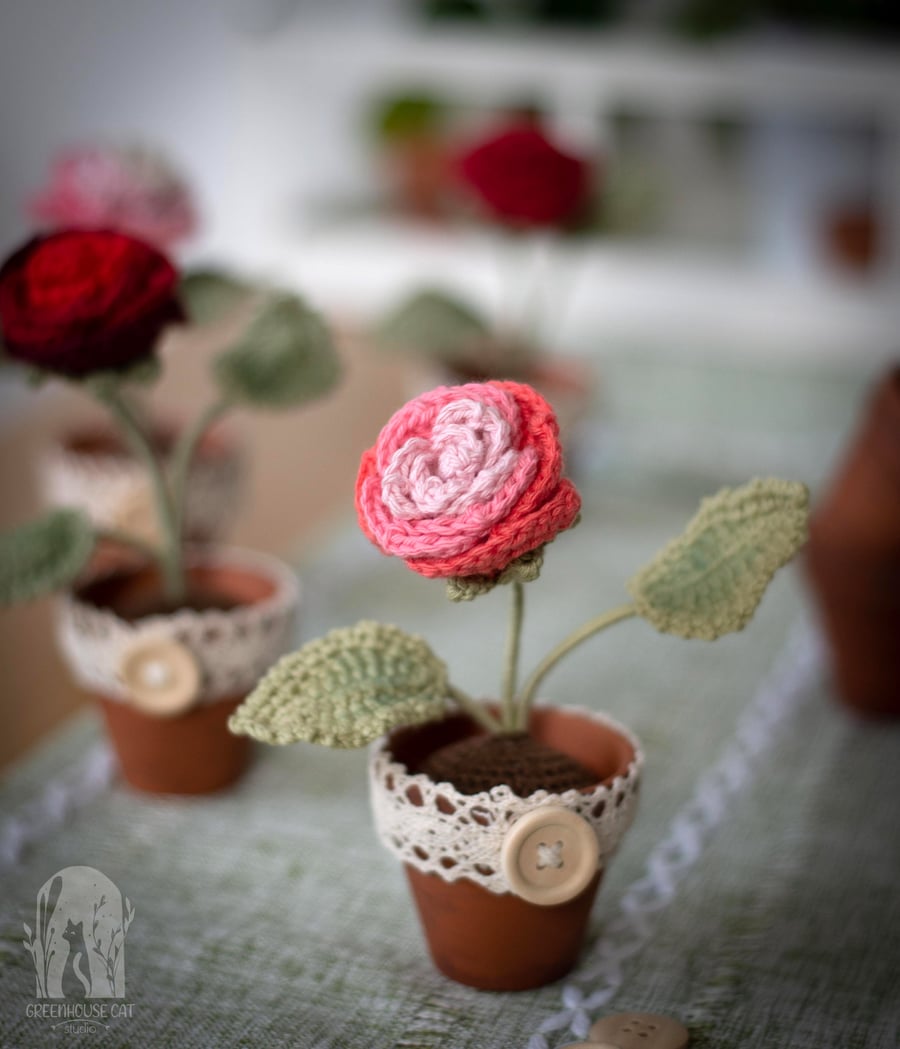 Amaranth Pink Ombre Crochet Rose in a small Terracotta Pot