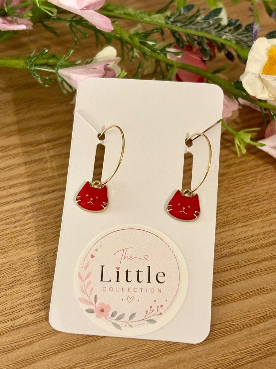 Red Cat Face Hoop Earrings, Enamel Charms, Handmade Jewellery 